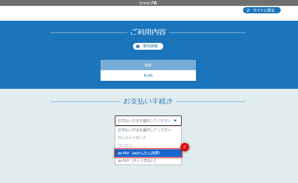 リンクタイプ Plusau PAY（auかんたん決済）決済_決済選択画面のスクリーンショット