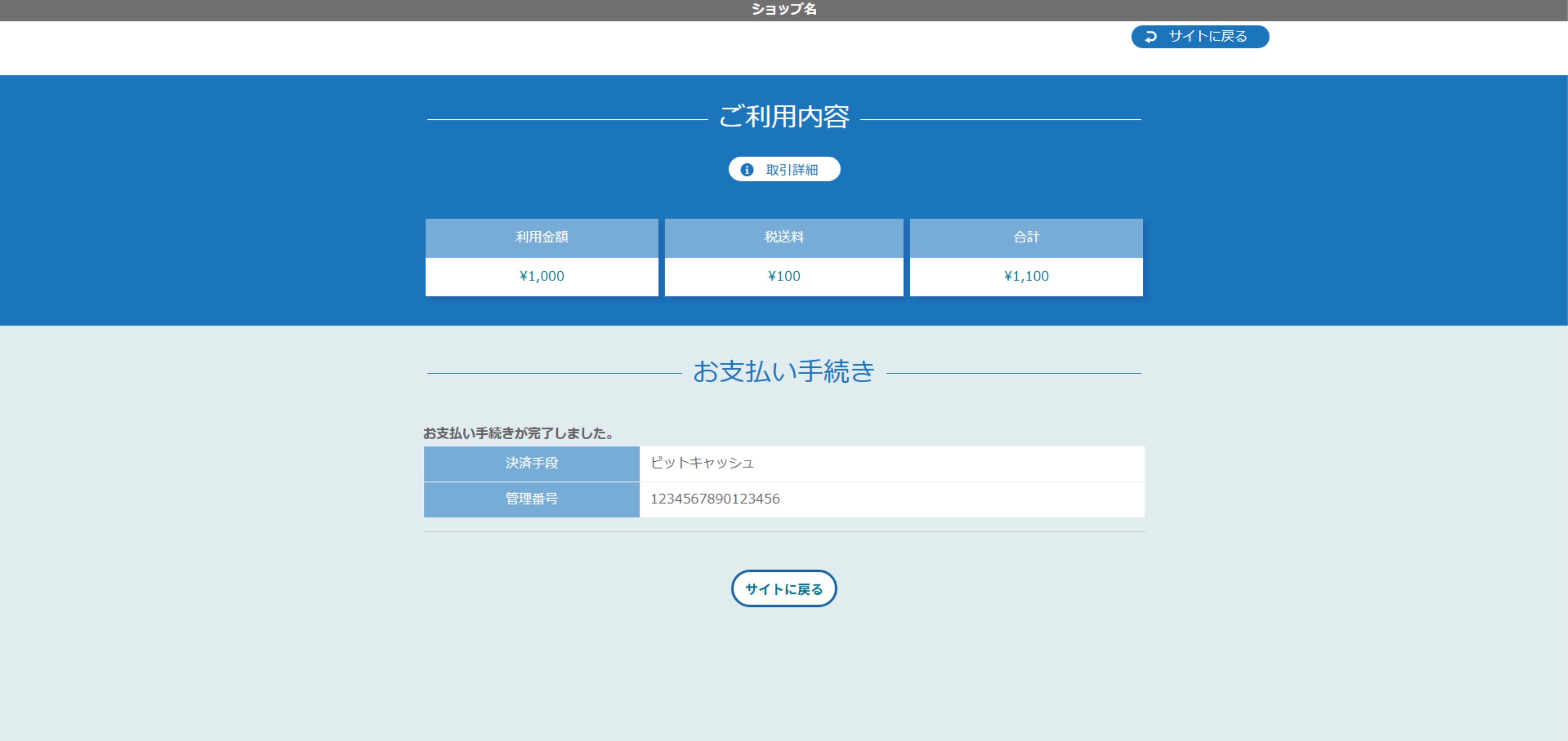 リンクタイプ Plusビットキャッシュ決済_決済完了画面のスクリーンショット