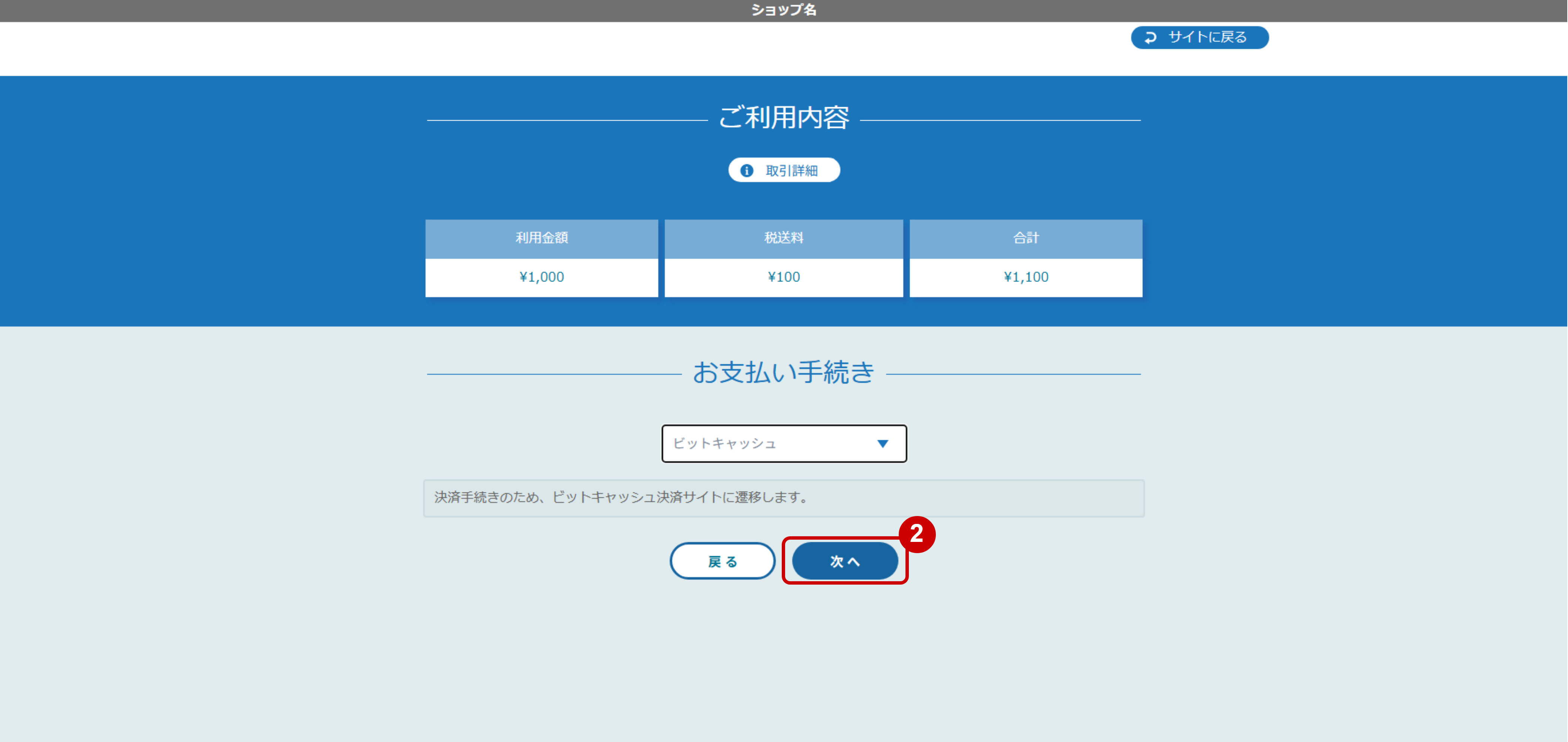 リンクタイプ Plusビットキャッシュ決済_決済選択画面②のスクリーンショット