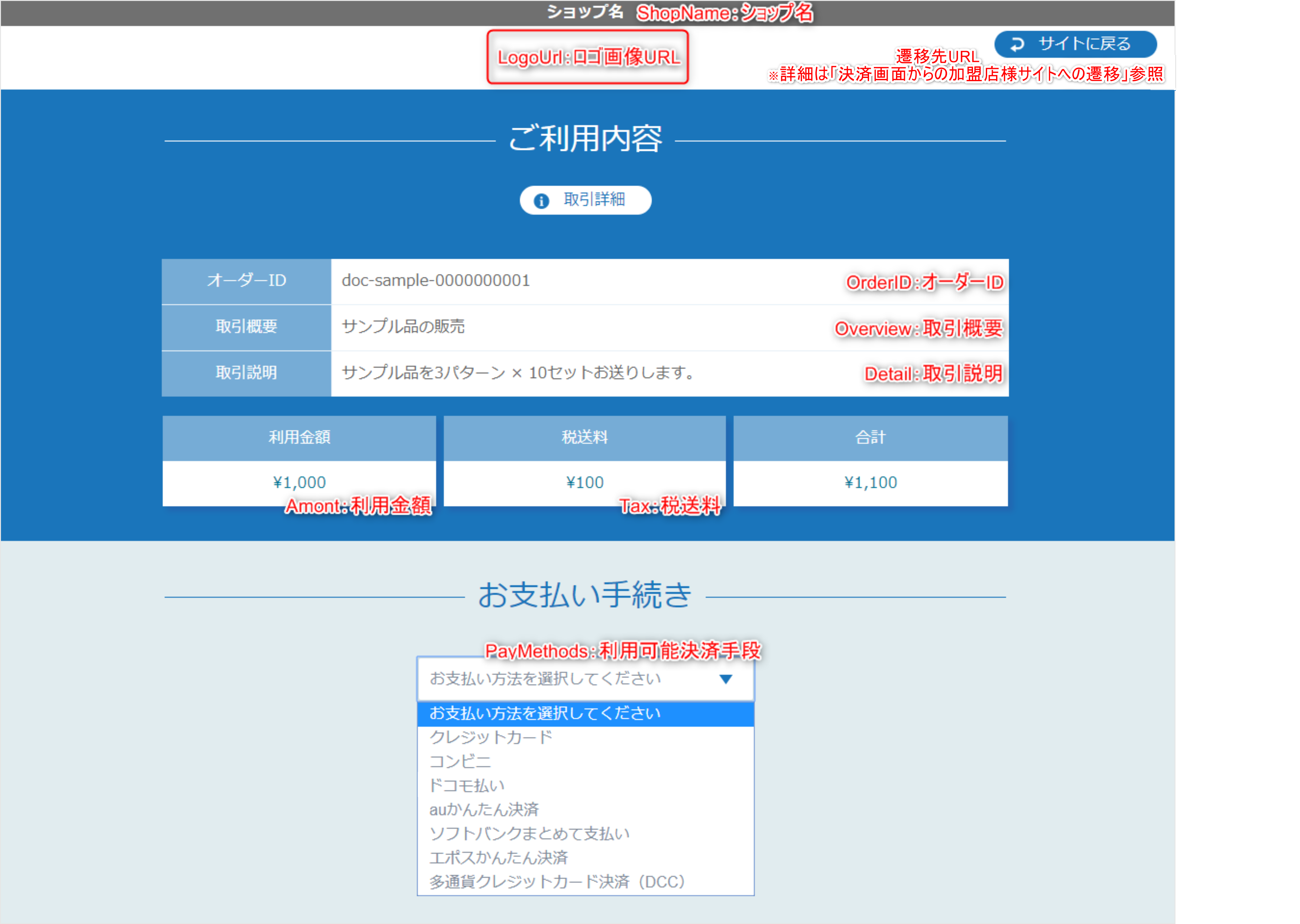 取引情報の設定の例（決済選択/入力画面のスクリーンショット）